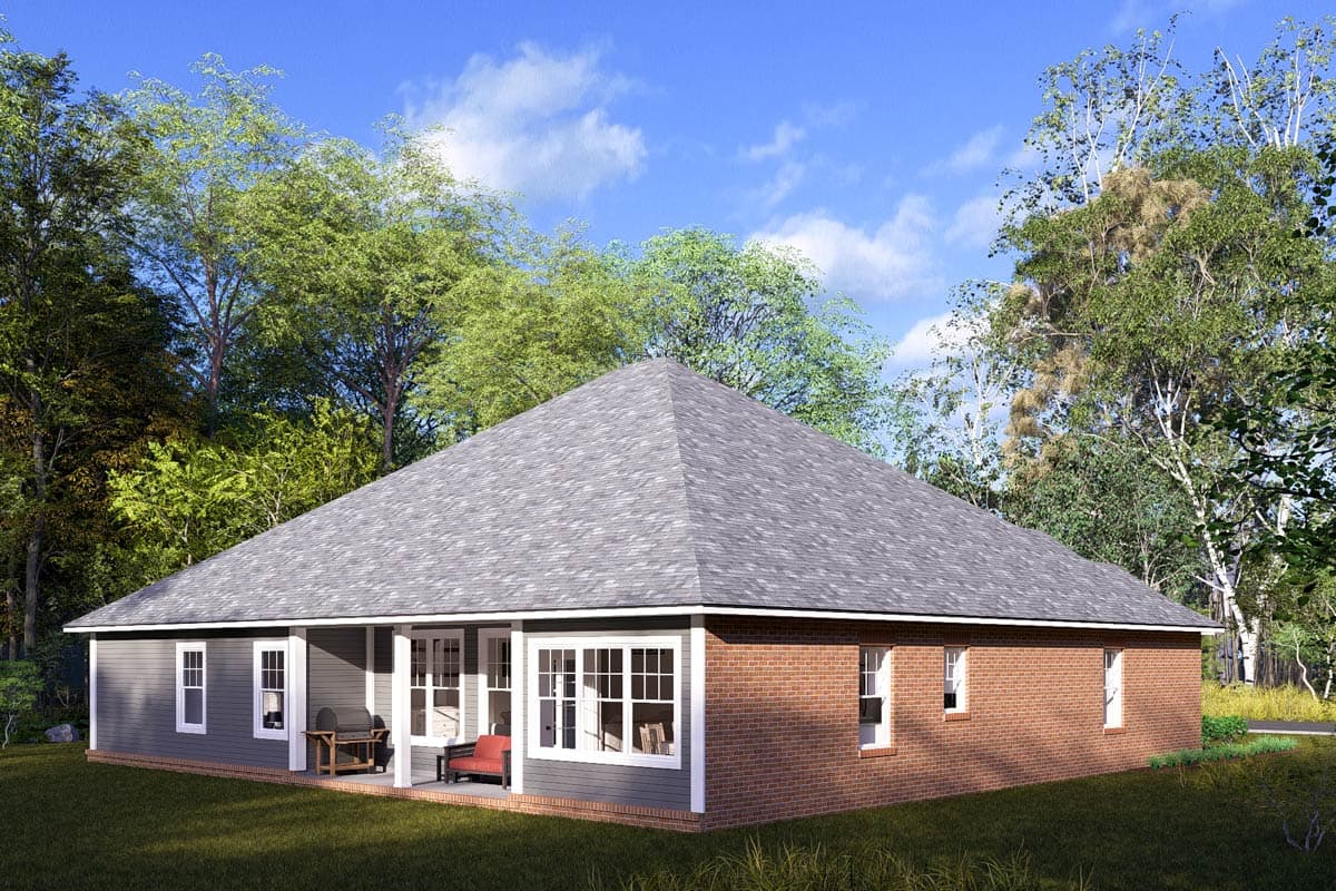 Ranch-style house plan exterior featuring hip roof, brick and siding, and covered porch with seating.
