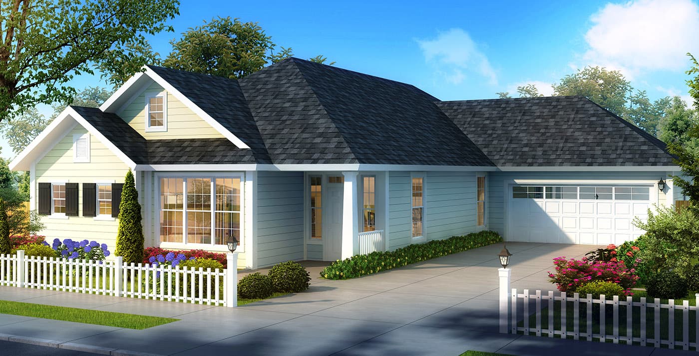 House plan exterior: One-story home with gables, dormer window, covered front entry, and attached two-car garage.
