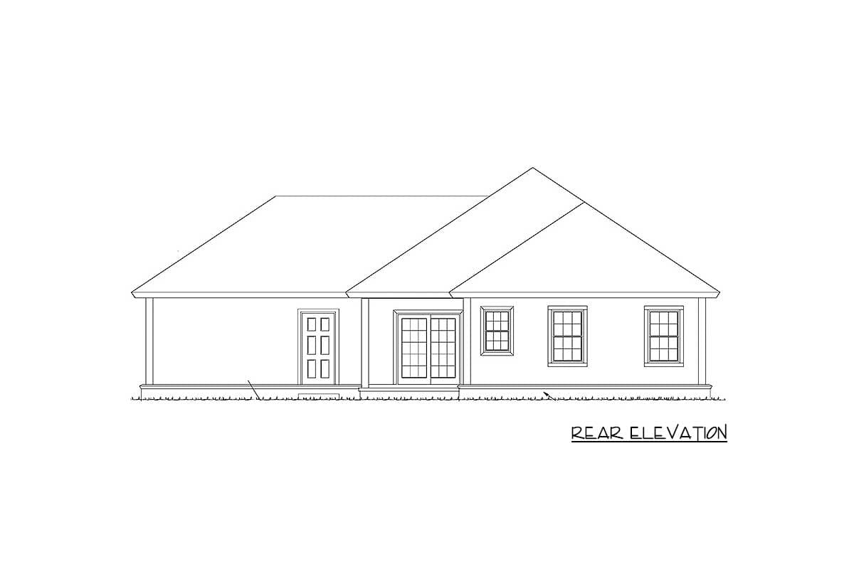 Rear elevation drawing of a single-story house with a covered porch, double doors, and three windows.