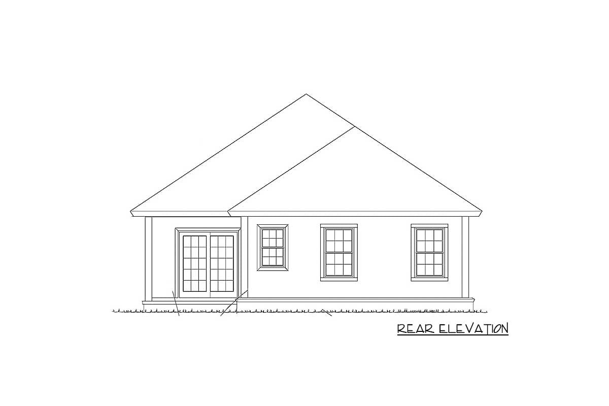 Rear elevation drawing of a one-story house with double doors and three windows.