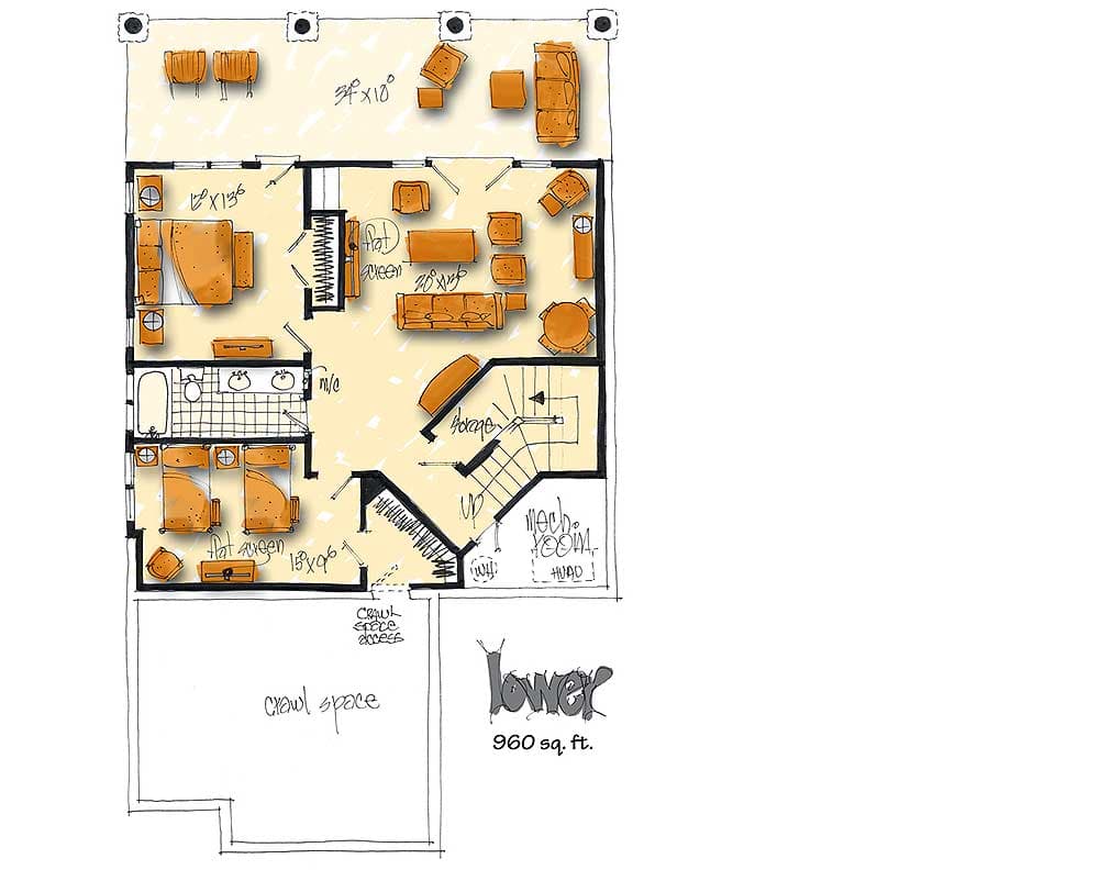 Plan 12941KN: Soaring Spaces with 2 Car Garage - Floor Plan - Lower Level - Craftsman, Mountain, Rustic, Vacation