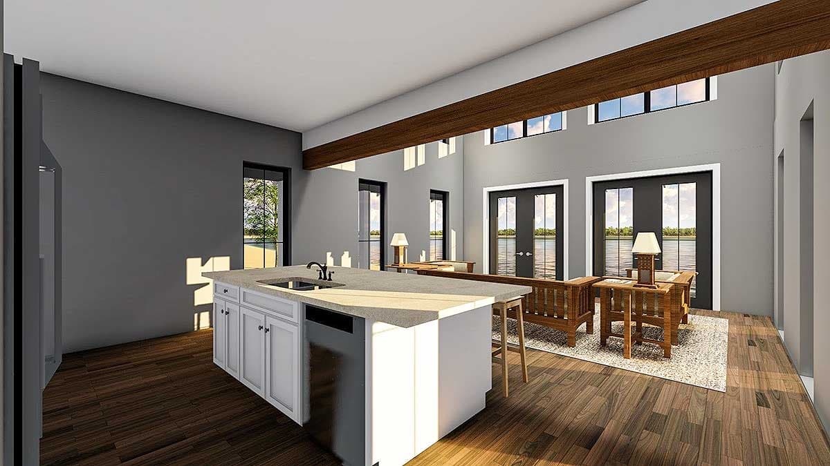 Interior rendering of an open-concept living space with a kitchen island, vaulted ceiling, and double doors leading outside.