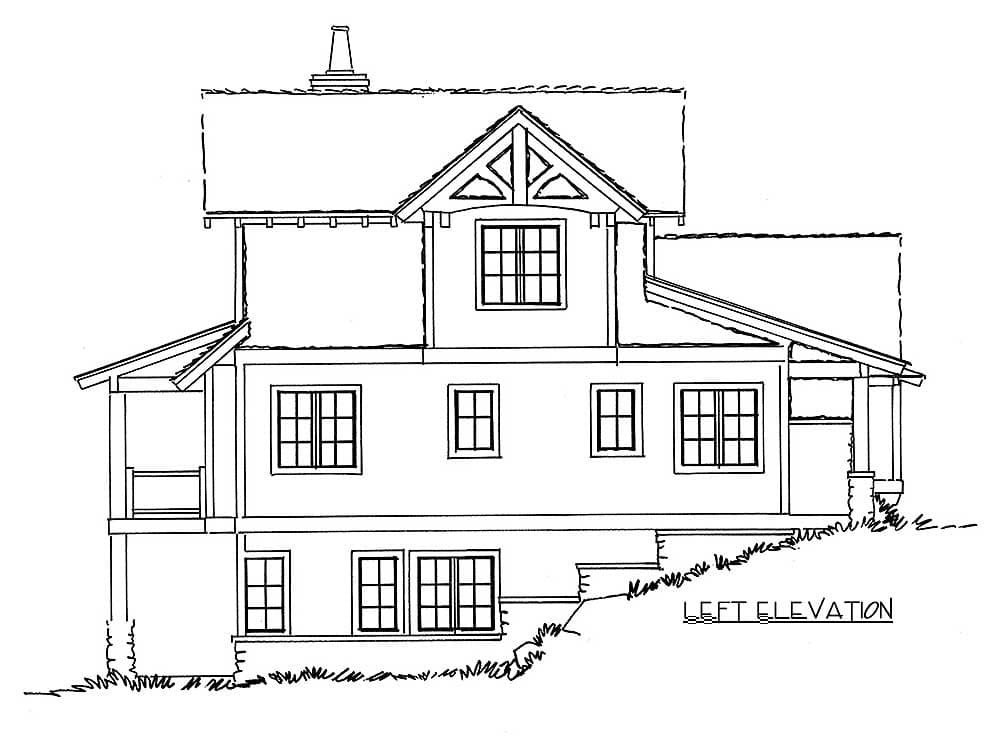 Left elevation house plan showing a multi-story structure with a prominent gable, dormer, and a covered porch.