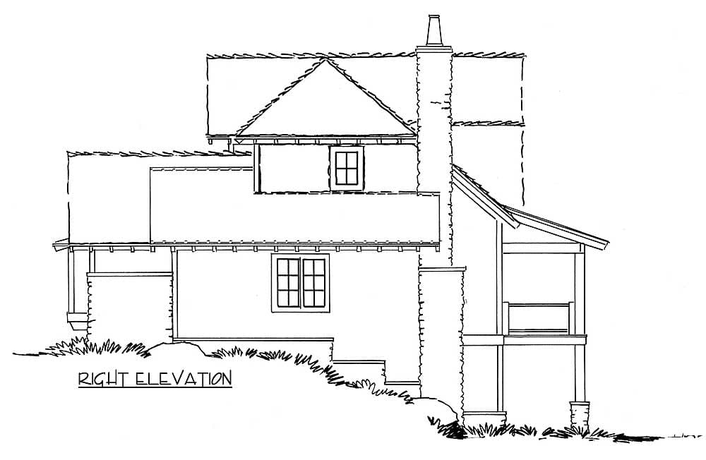 Right elevation house plan showing a multi-story structure with a prominent chimney, multiple gables, and a covered porch.