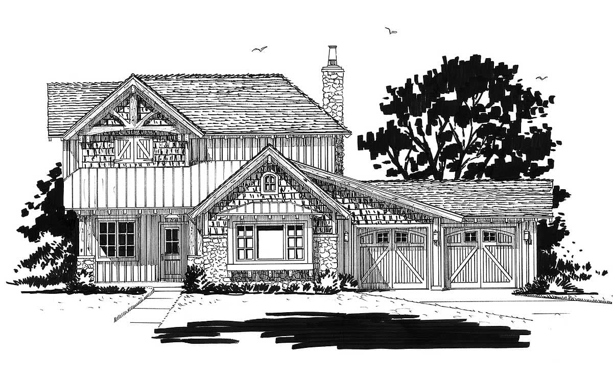 House plan exterior shows a two-story Craftsman style home with stone accents, a covered front porch, and a three-car garage.