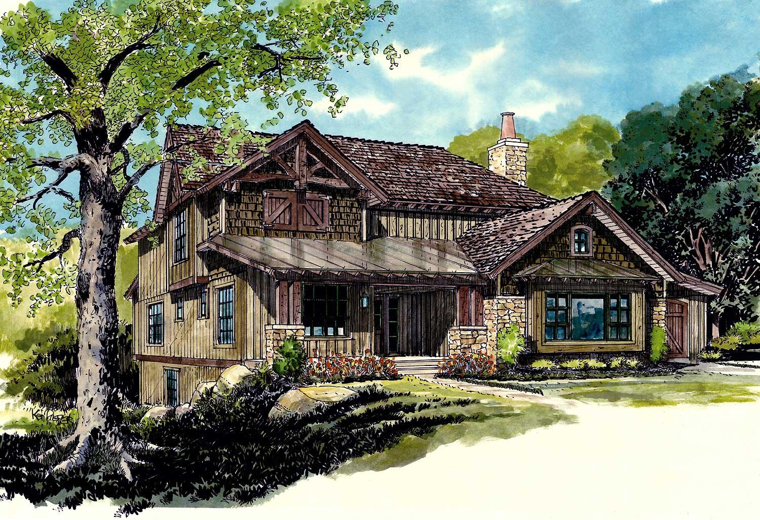 House plan exterior: timber-frame accents, stone base, gabled dormers, covered porch, and shake siding.