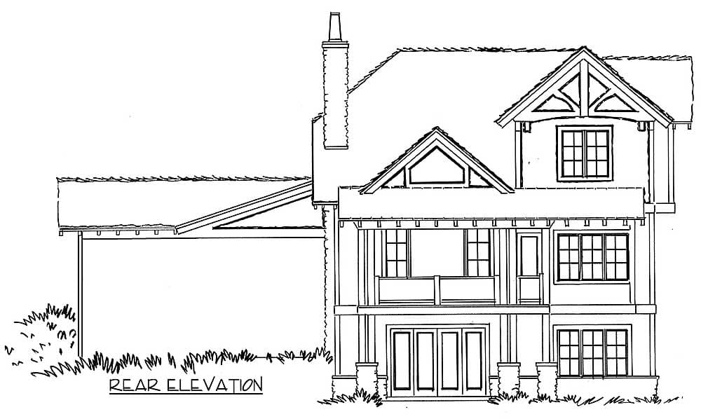 Rear elevation drawing showing a multi-story house with gables, dormers, a prominent chimney, and a covered porch.