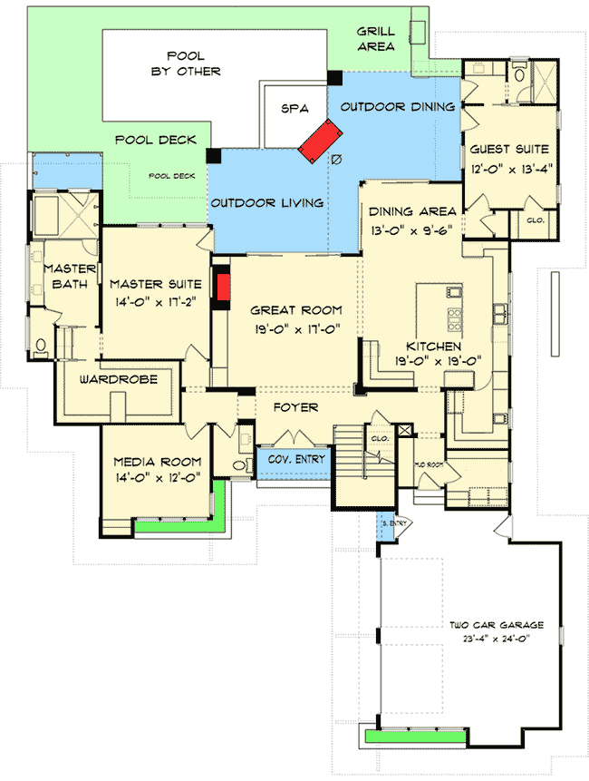Plan 93093EL: Prairie Style Dream Home Plan with Spa-Like Outdoor Area - Floor Plan - Main Level - Northwest, Prairie