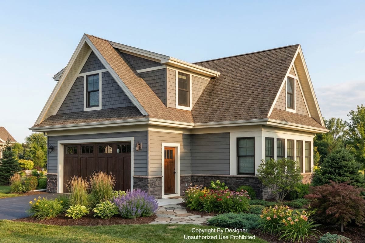 A two-story house with a brown garage door and a stone pathway leading to a front door with a beautifully landscaped yard.