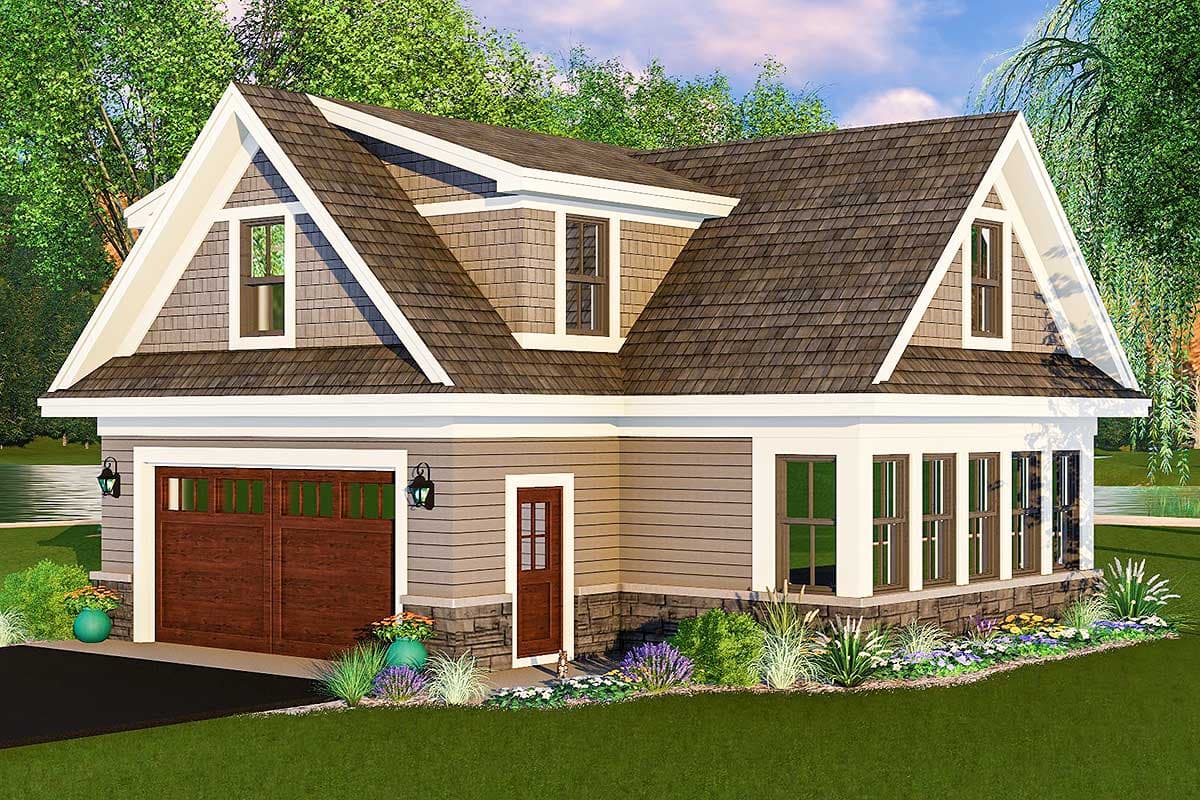 House plan exterior with a gable roof, dormers, double garage door, and stone foundation.