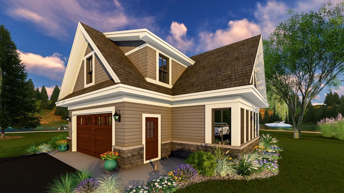 House plan exterior with gabled dormers, side-entry garage, and prominent rooflines.