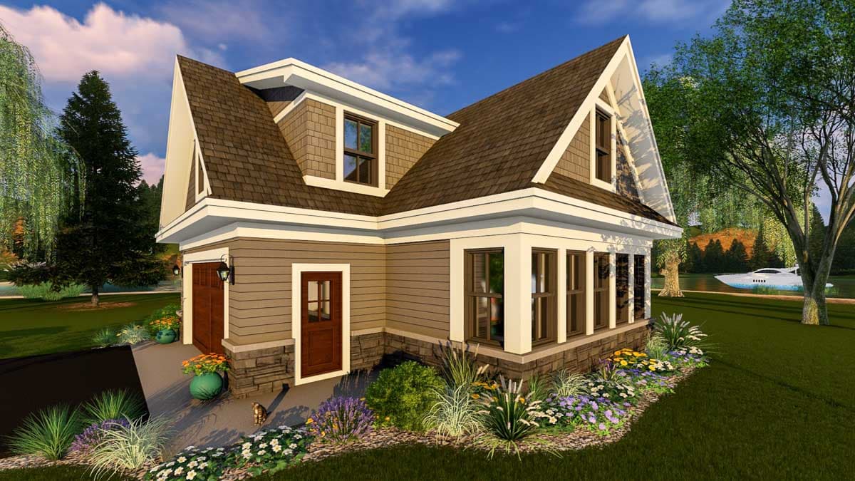 House plan exterior with steeply pitched gables, shingle siding, stone base, and a side-entry garage.