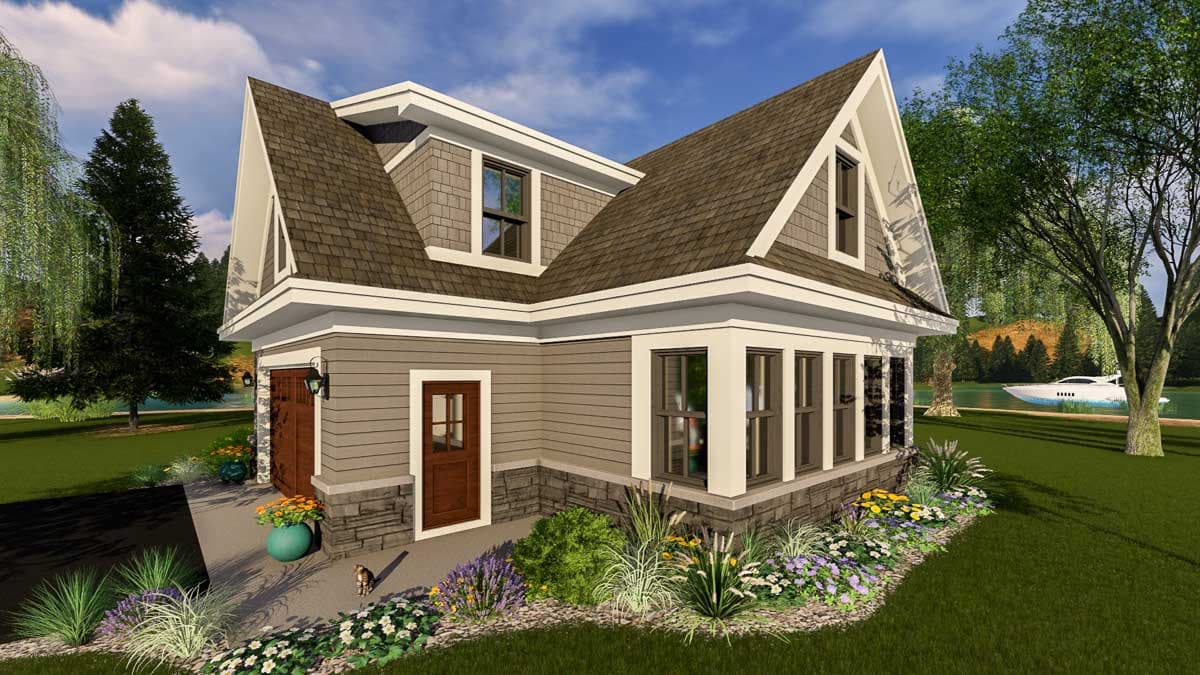 House plan exterior with gabled rooflines, dormers, horizontal siding, stone skirting, and a covered porch area.