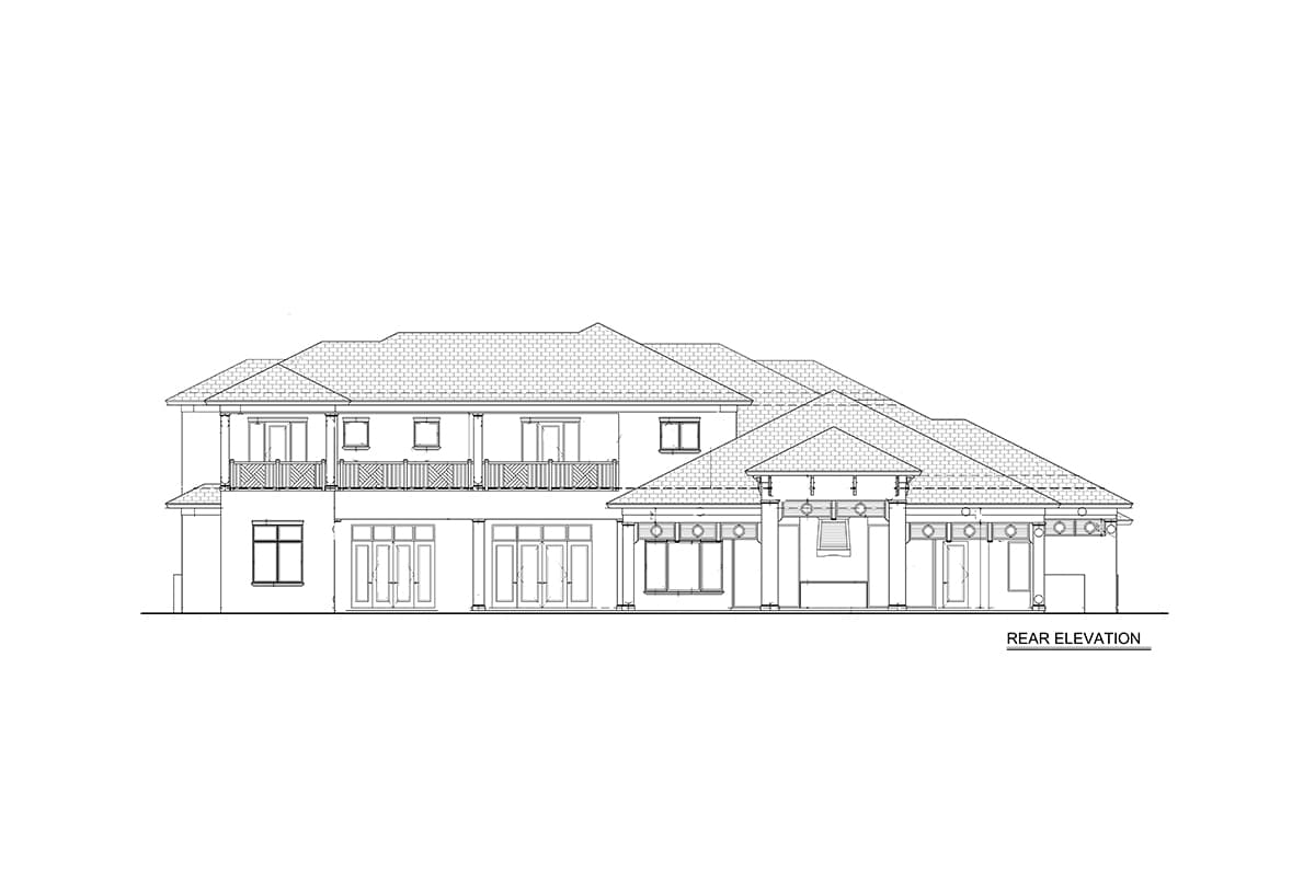 Rear elevation drawing of a two-story house plan with multiple balconies, large windows, and a hipped roof.