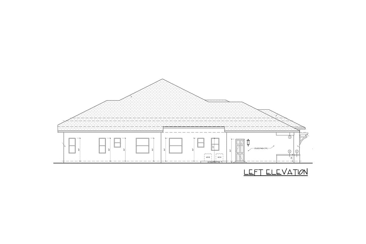 House plan left elevation drawing showing a single-story building with multiple windows, a covered entry, and a sloped roofline.