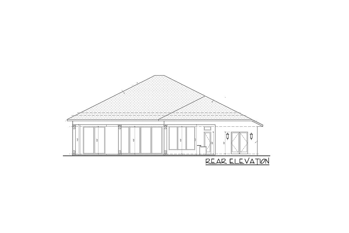 Rear elevation drawing of a house plan featuring a prominent pitched roof, numerous large windows, and double doors.