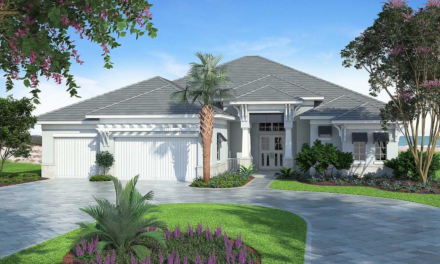 House plan exterior: one-story Modern style home with a three-car garage, tiled roof, and covered entryway with columns.