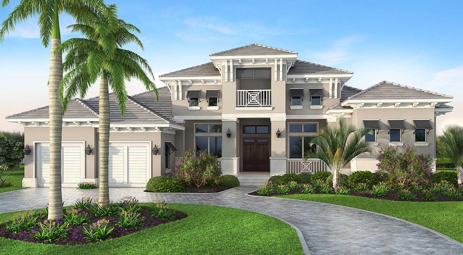House plan exterior, two-story modern home with a symmetrical facade, balcony, and a three-car garage.