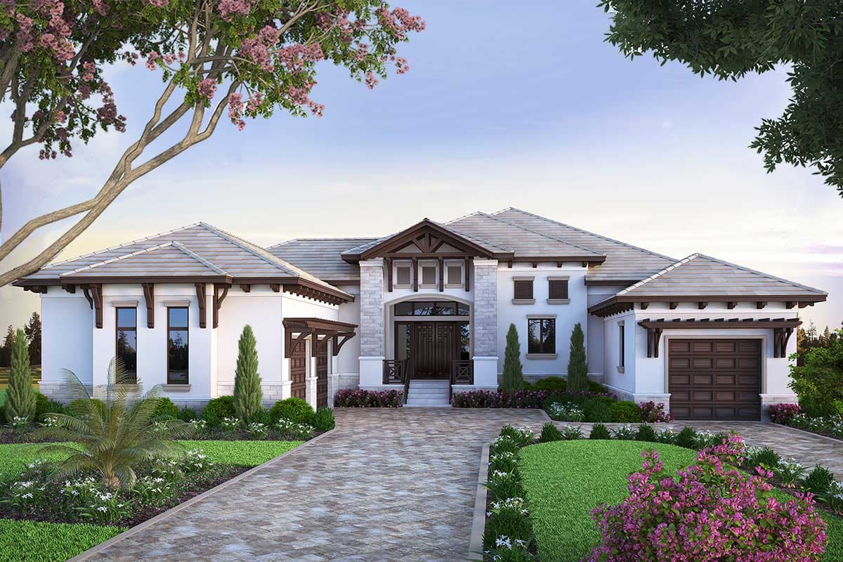 House plan exterior with a stucco finish, tile roof, two garages, and a prominent arched entryway with stone accents.