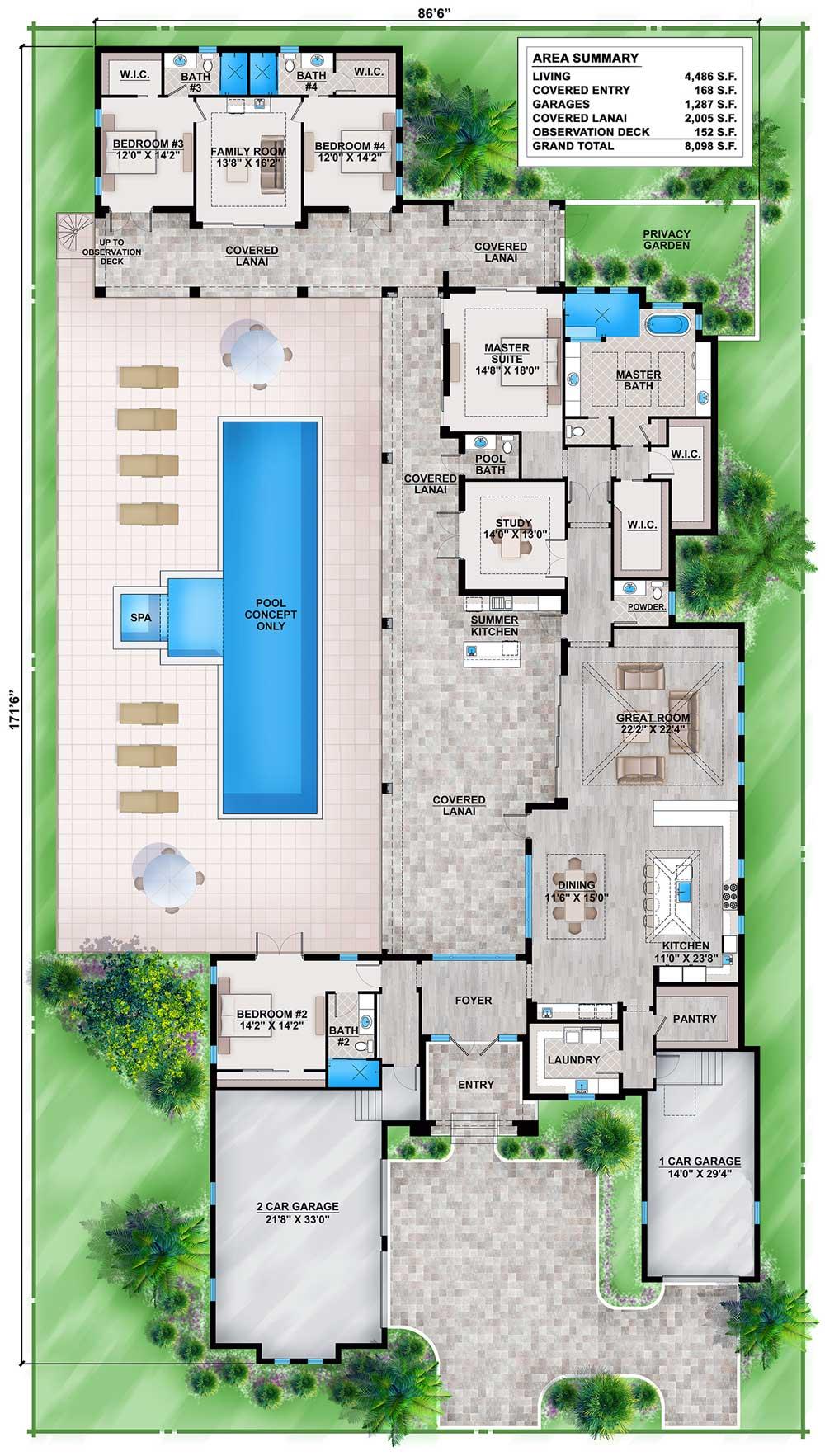 Plan 86030BS: Florida House Plan with Guest Wing - Floor Plan - Main Level - Coastal, European, Florida-Style, Transitional, Tuscan