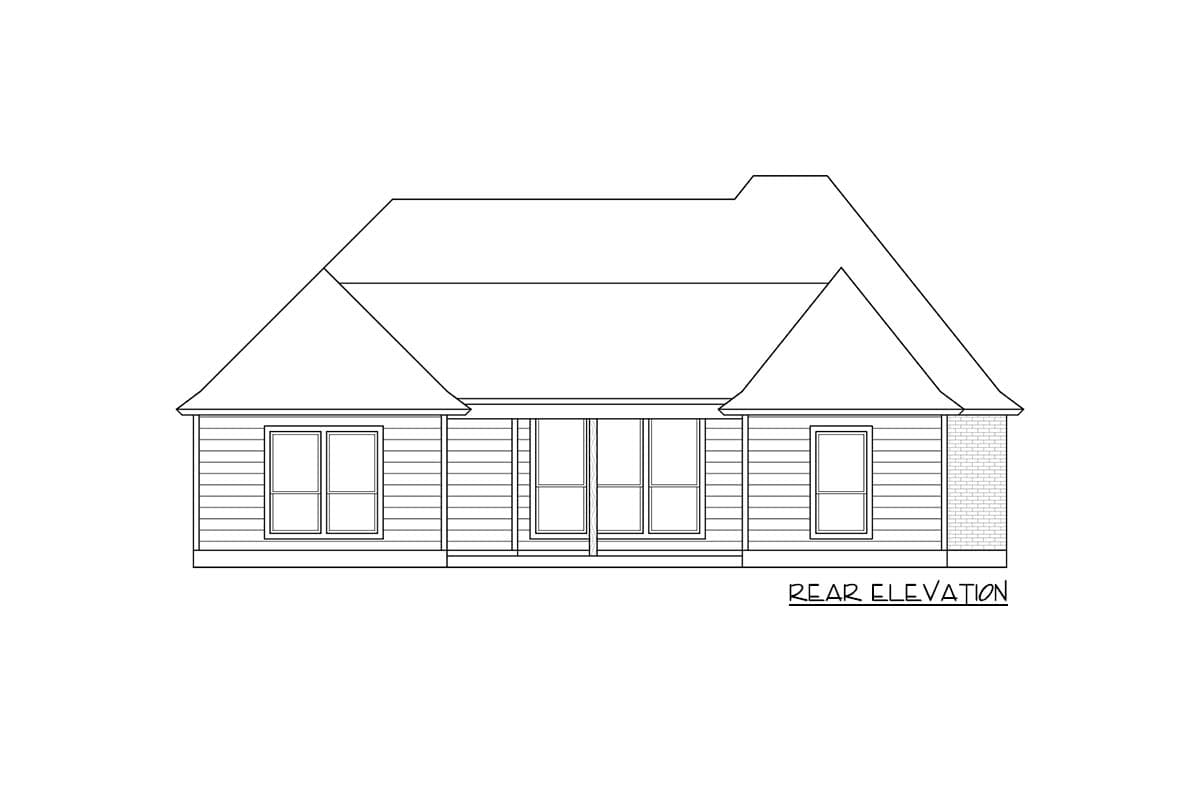 Rear elevation drawing of a single-story house with horizontal siding, gabled dormers, and a central set of windows.