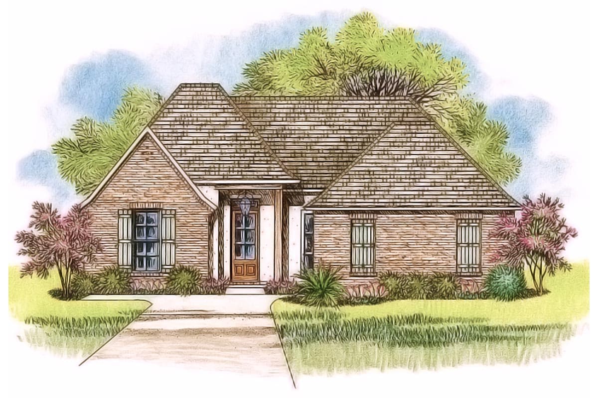 House plan exterior. One-story brick home with a covered entry, multi-level rooflines, and decorative window shutters.