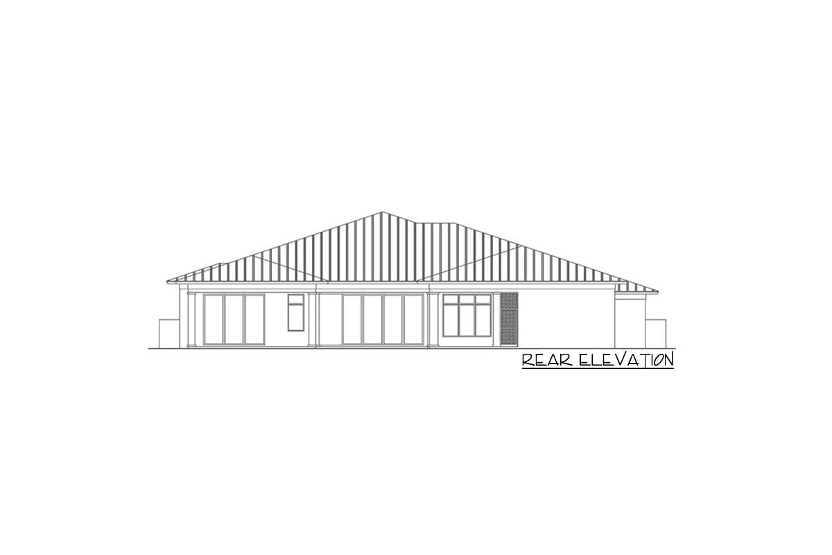 Rear elevation drawing of a single-story house plan with a prominent hipped roof, large sliding glass doors, and a multi-pane window.