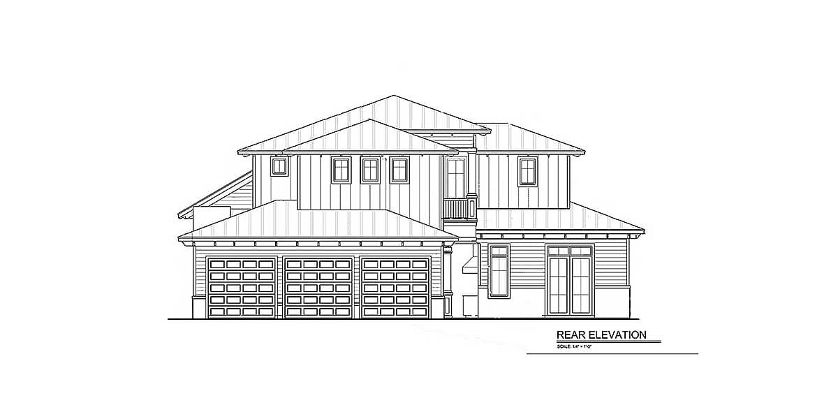 Rear elevation house plan showing a two-story home with a triple garage, multiple gables, and a second-story balcony.
