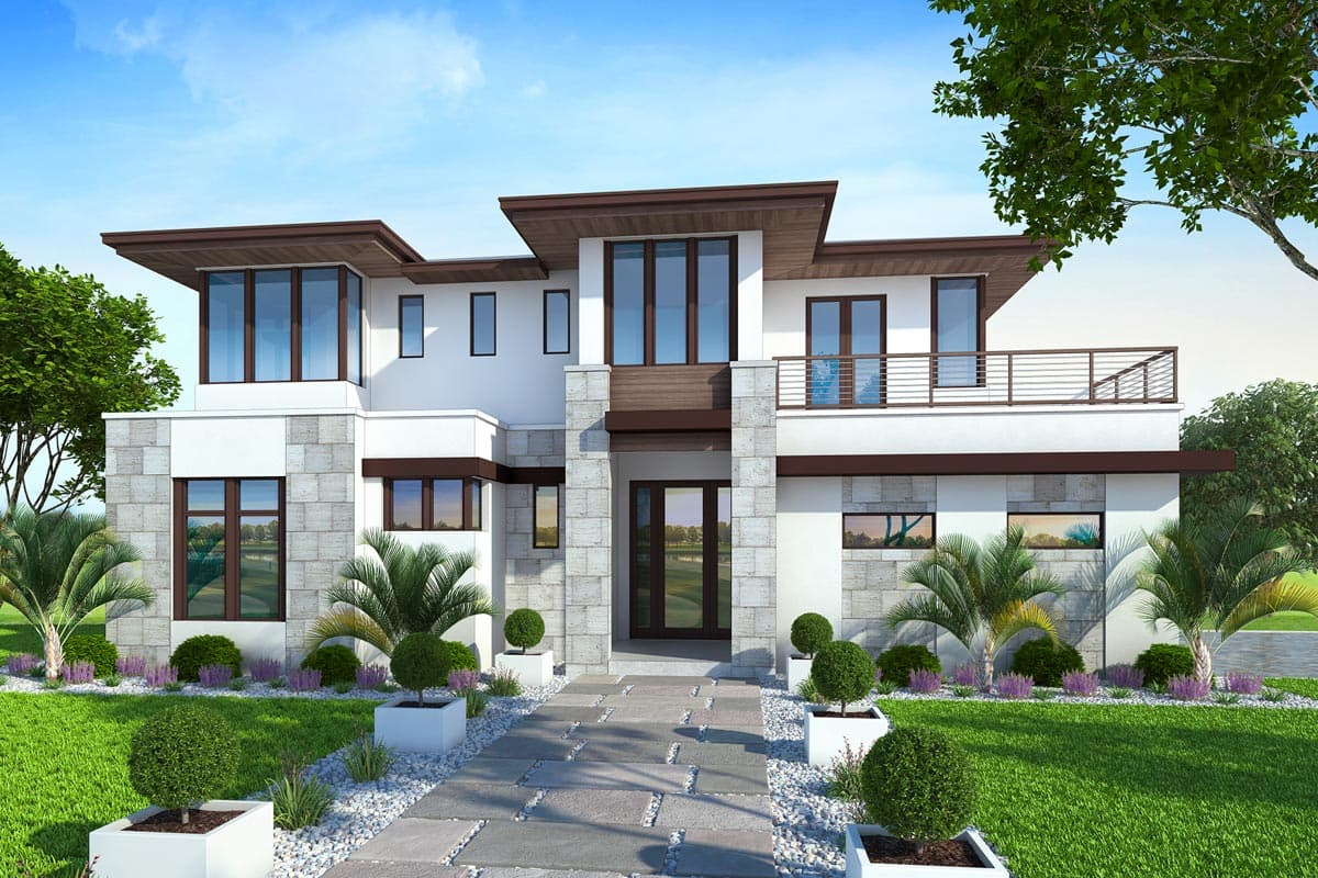 Modern two-story house plan exterior with stone accents, flat rooflines, cantilevered elements, and a second-story balcony.