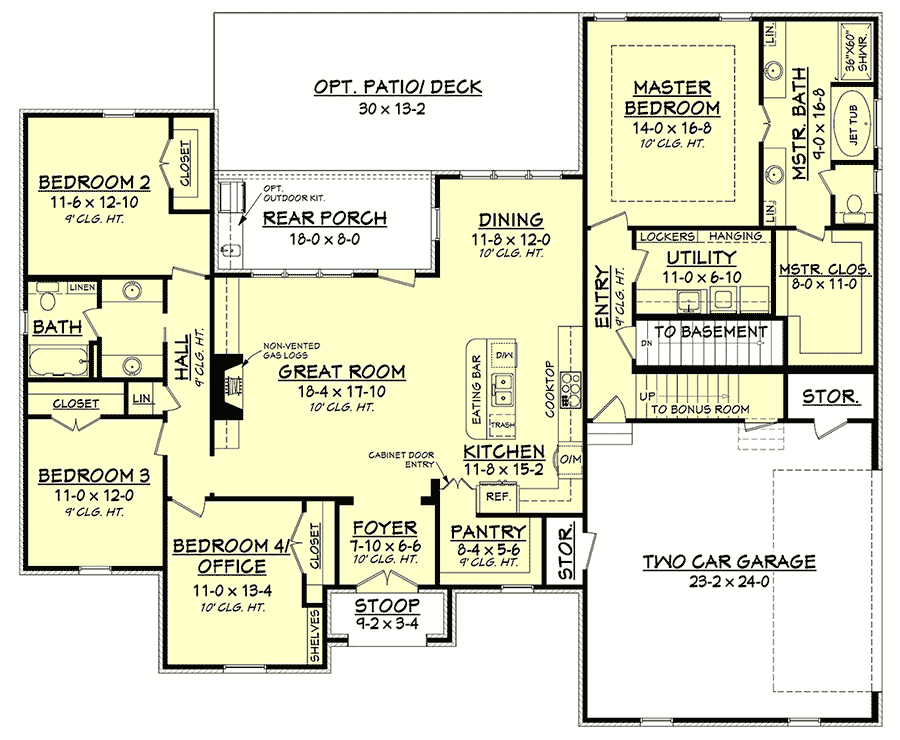 Plan 51735HZ: Flexible Southern Home Plan with Bonus Room - 2210 Sq Ft - Floor Plan - Basement Stair Location - Acadian, French Country, Louisiana-Style, Southern
