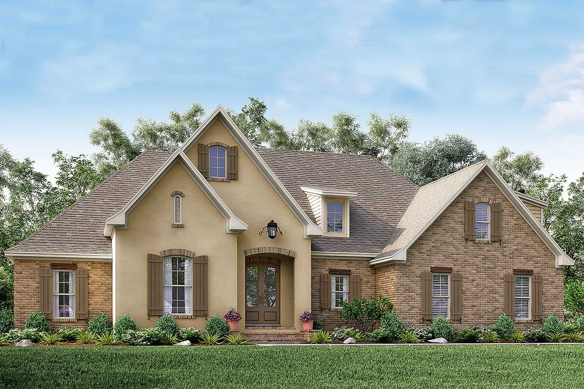 House plan exterior shows a two-story home with brick and stucco facade, arched entry, and multiple gables.