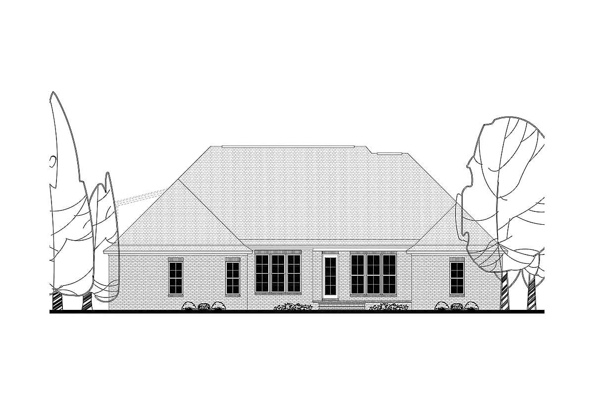 House plan exterior drawing of a one-story home with a hip roof, brick siding, and multiple windows.