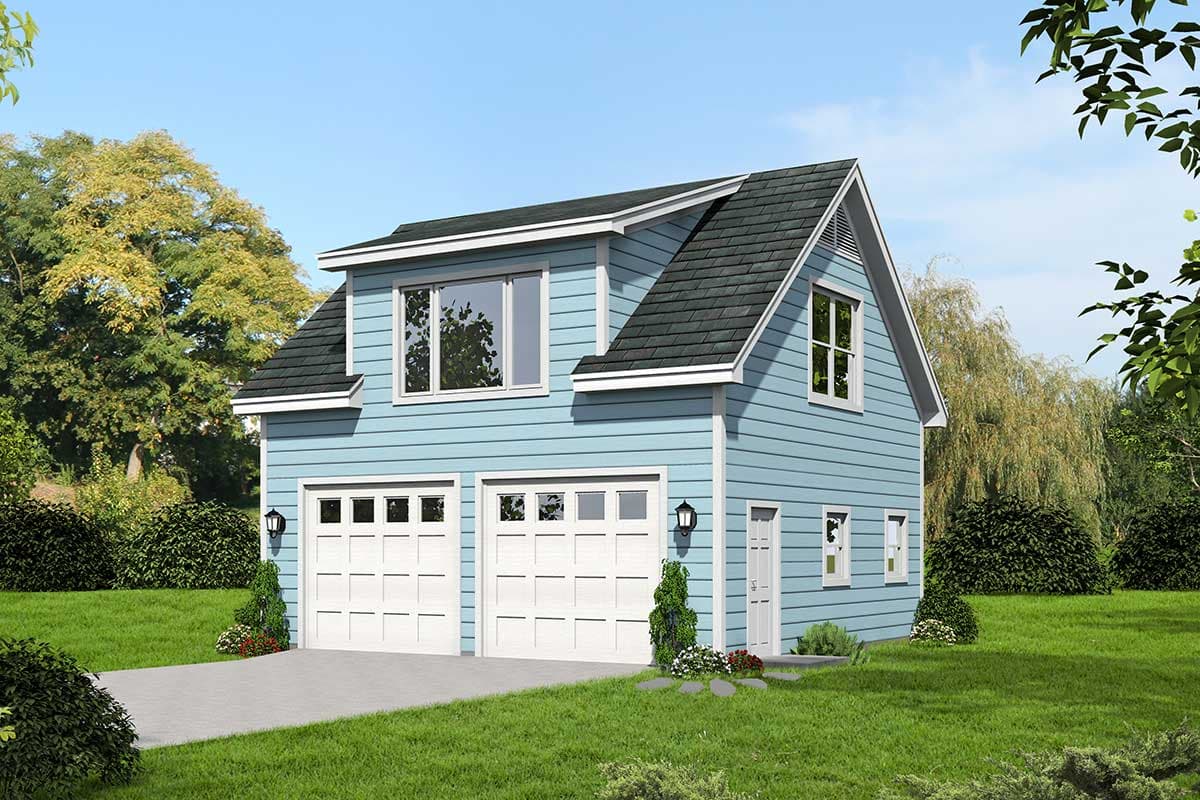 Two-story garage with two overhead doors, a gable end, and horizontal siding. A house plan exterior.
