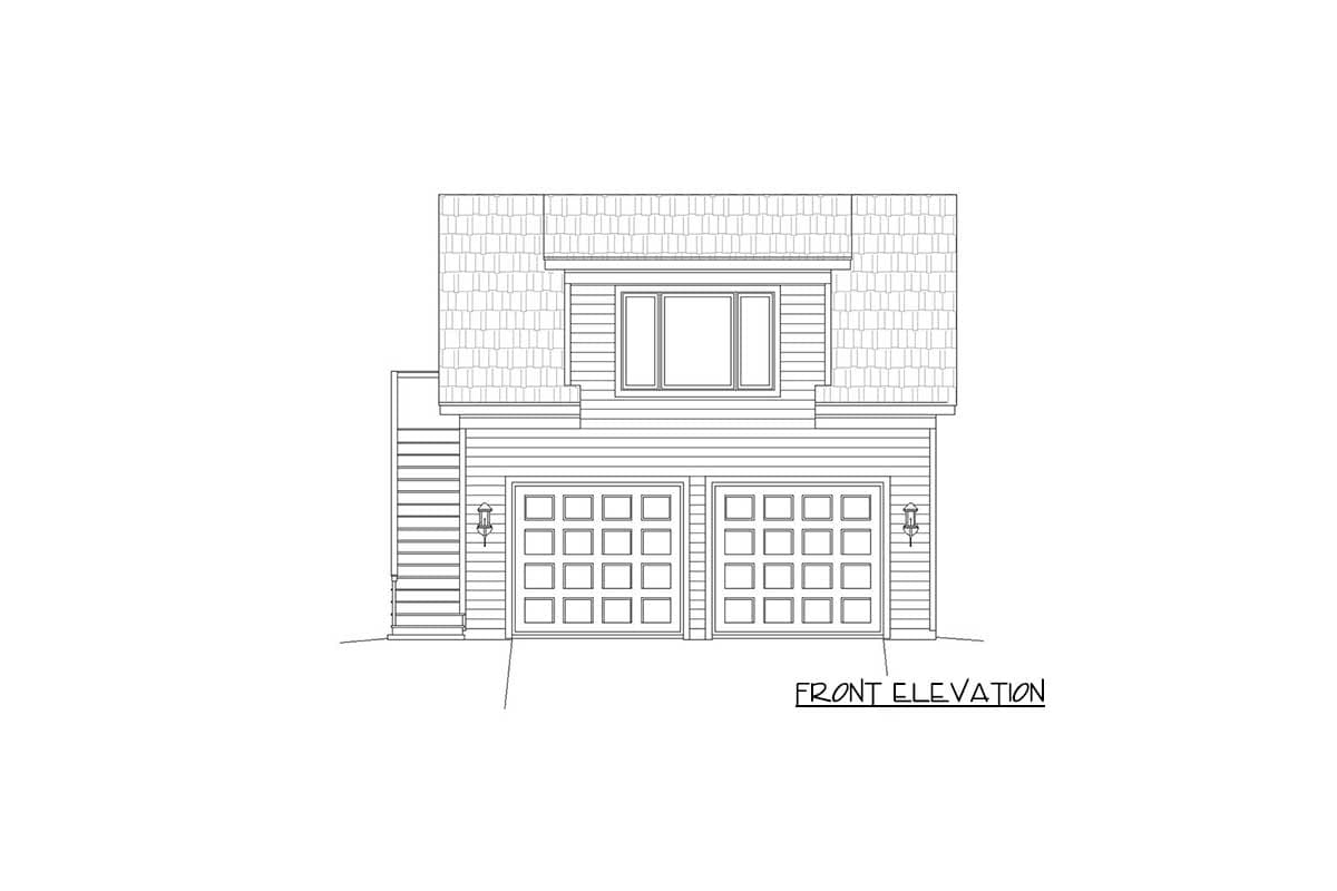 Front elevation drawing of a house plan featuring a double garage, horizontal siding, dormer, and gabled roof.