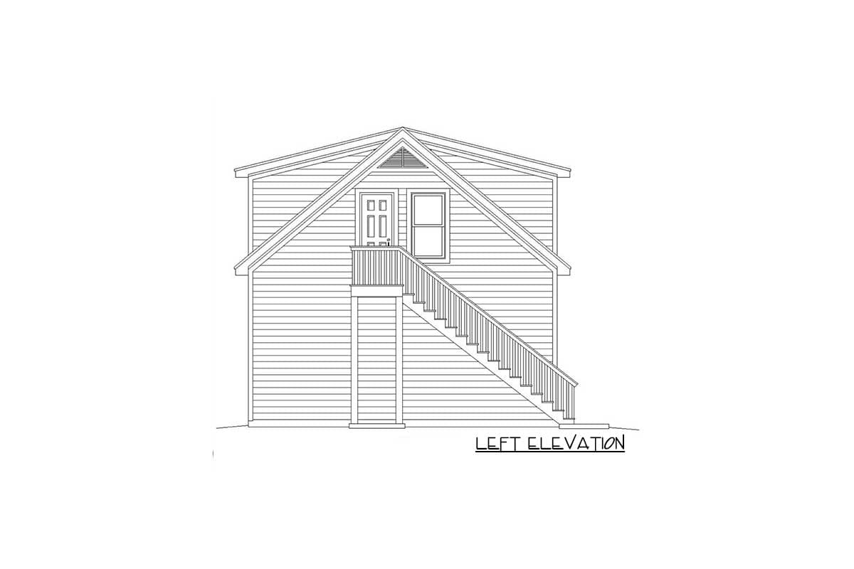 Left elevation drawing of a house plan with horizontal siding, a gable roof, and an exterior staircase leading to a double door.