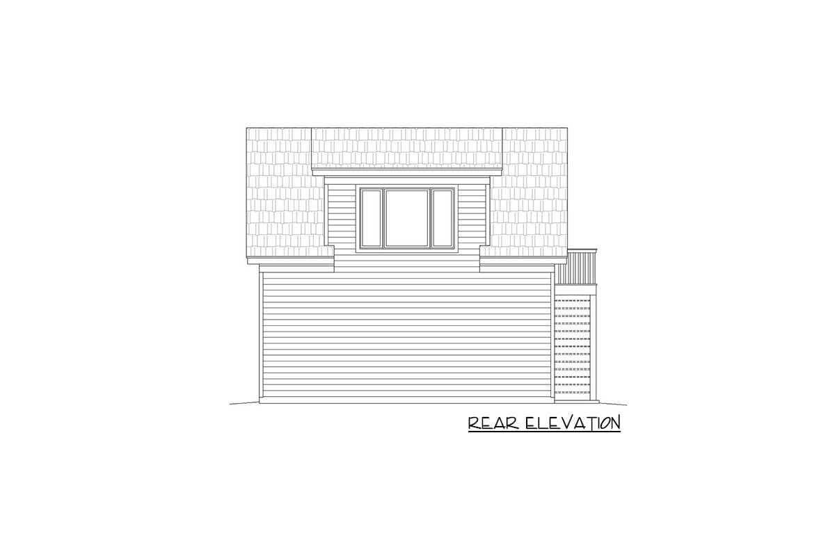 Rear elevation drawing of a house plan showing siding, a dormer with a triple window, and a deck with railings.