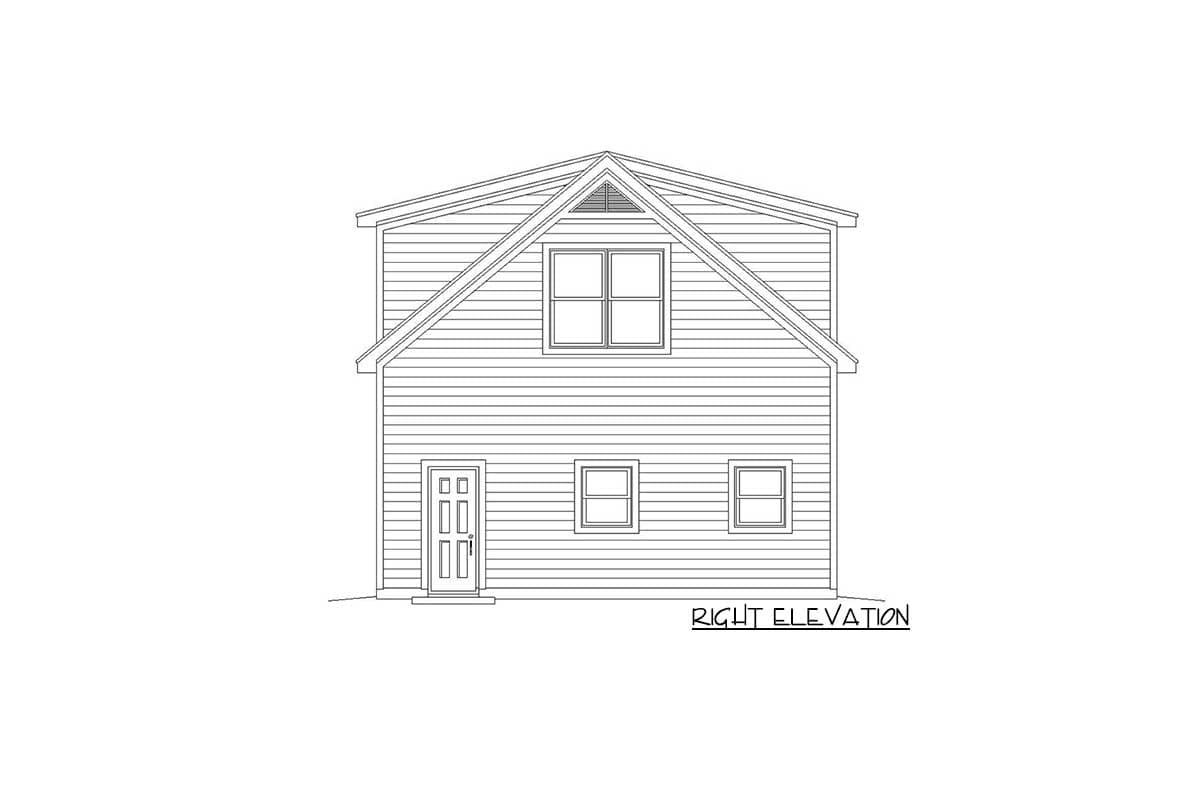 Right elevation drawing of a two-story house with a gable roof, two windows on the main level, and one window in the dormer.