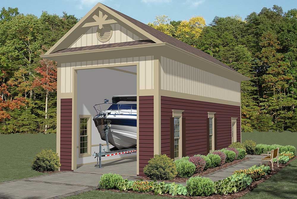 House plan exterior rendering of a detached boat garage with a large drive-through bay, side windows, and decorative gable vent.