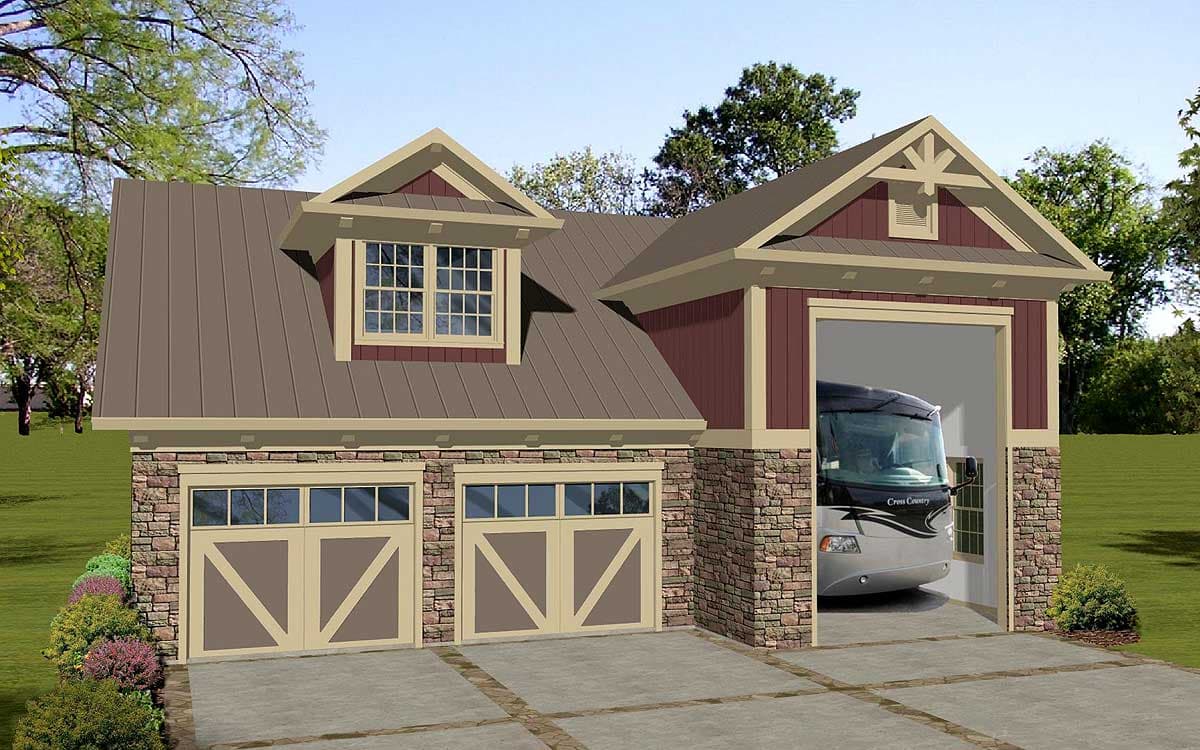 House plan exterior with stone foundation, two garage doors, and a large RV bay. Features gabled dormers and a metal roof.