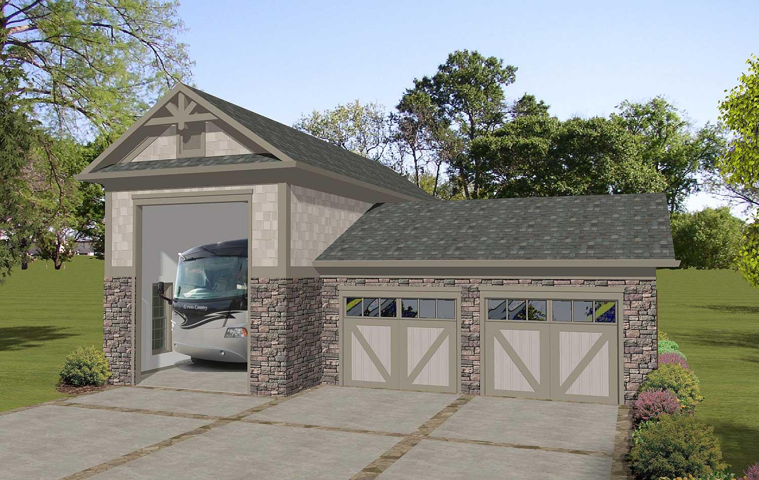 House plan exterior featuring a two-car garage with stone base and a detached RV garage with exposed rafter tails.