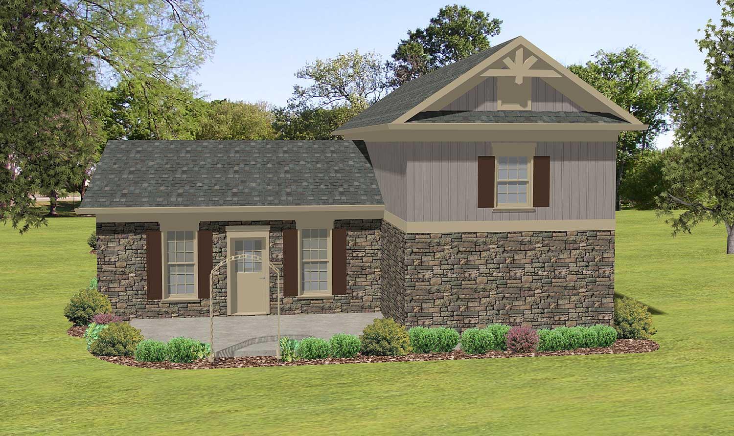 House plan exterior: Two-story dwelling with stone base, gable dormer, shutters, and arched entryway.