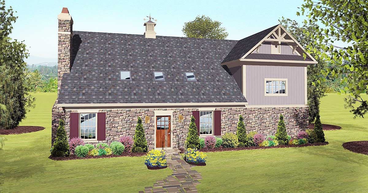 House plan exterior, two stories, stone foundation, prominent stone chimney, gabled dormer, and covered front entry.