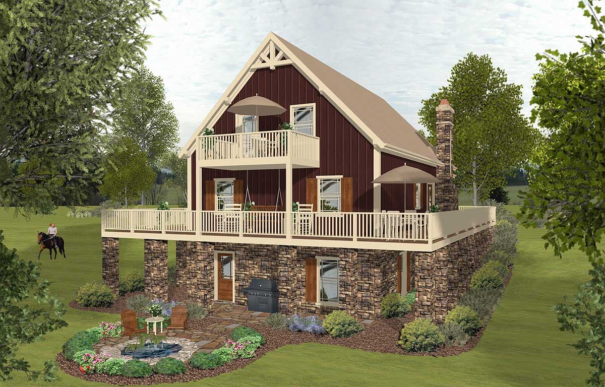 House plan exterior with stone foundation, two-story deck, prominent gable, and brick chimney.