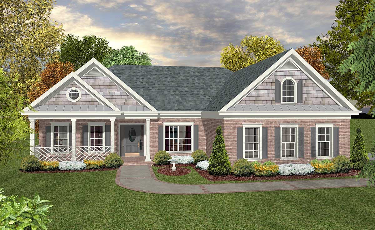 House plan exterior: Ranch style, one story, brick facade, covered front porch with white railings, multiple gables, and arched dormer.