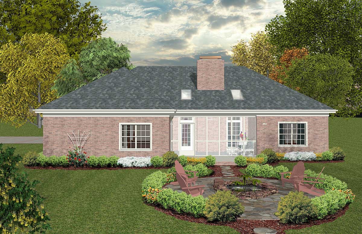 House plan exterior: Brick ranch with a gable roof, prominent brick chimney, dormer windows, and a screened porch.
