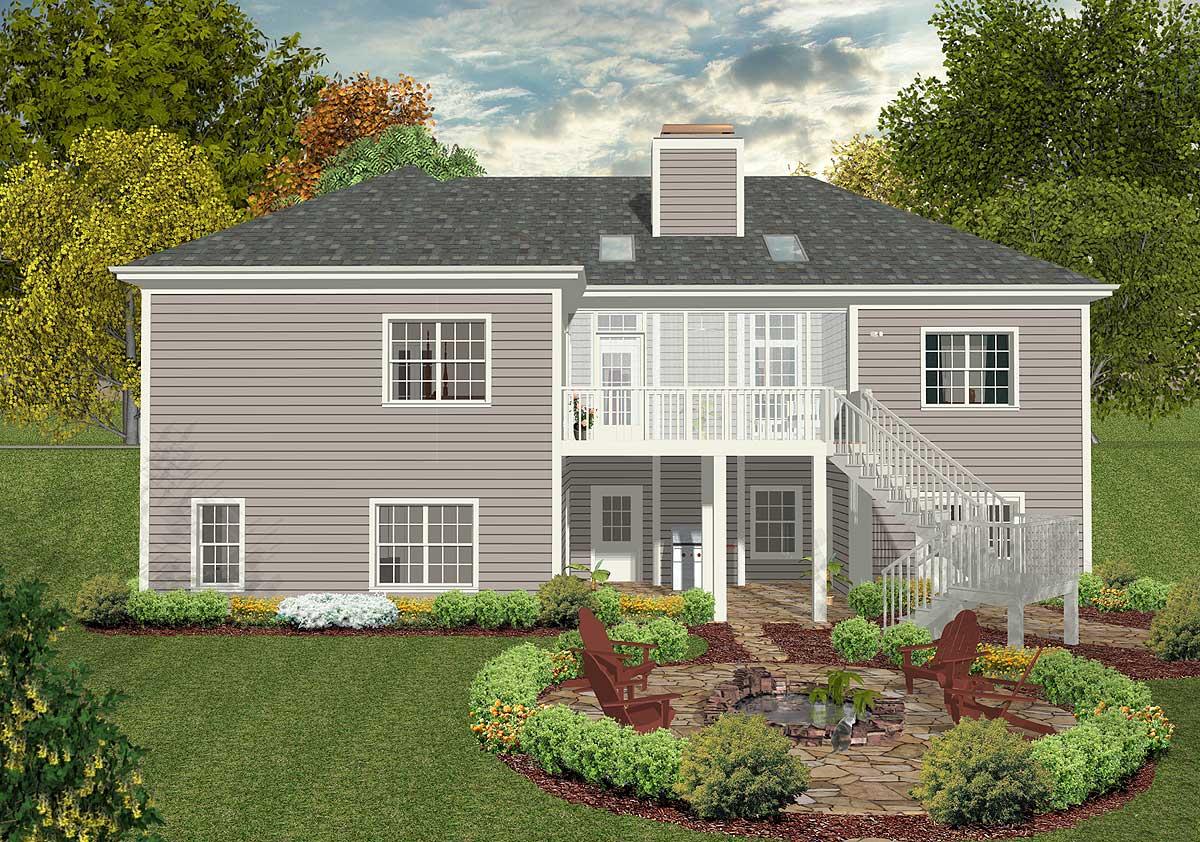 House plan exterior: two-story home with neutral siding, central screened porch, and a prominent staircase leading to the upper deck.