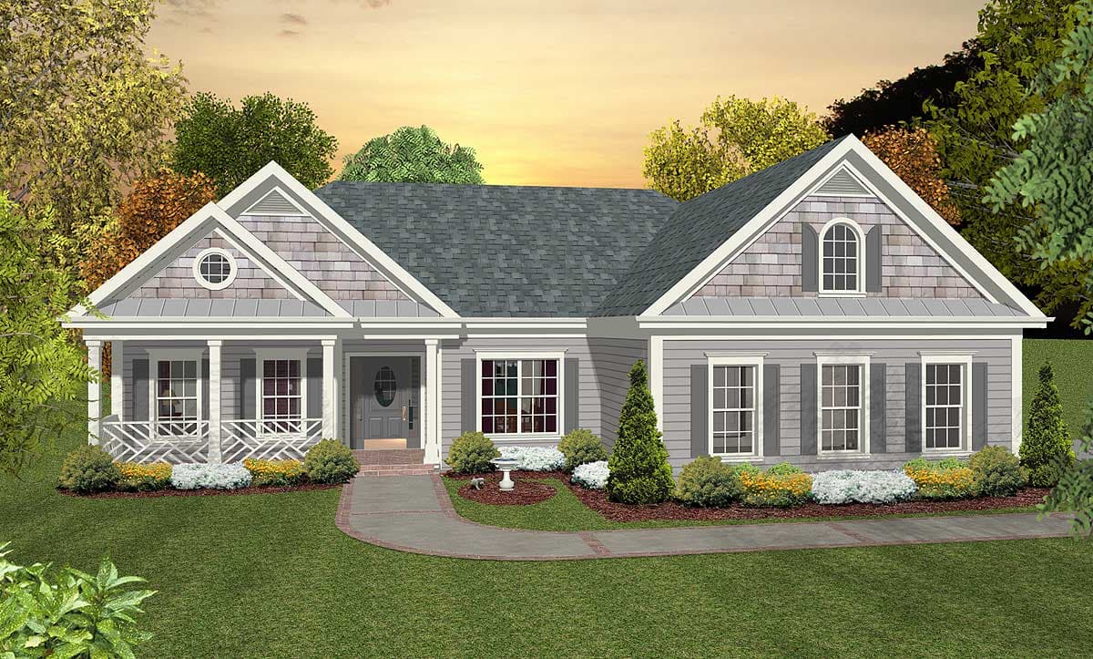 House plan exterior: One-story dwelling with a gabled roof, front porch, multiple gables, and decorative window in the front gable.
