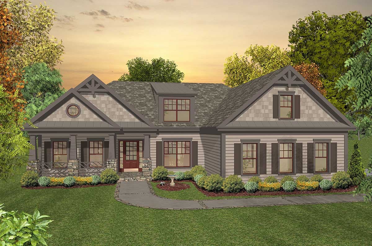 House plan exterior: One-story home with stone-accented porch, multiple gables, dormer, and horizontal siding.