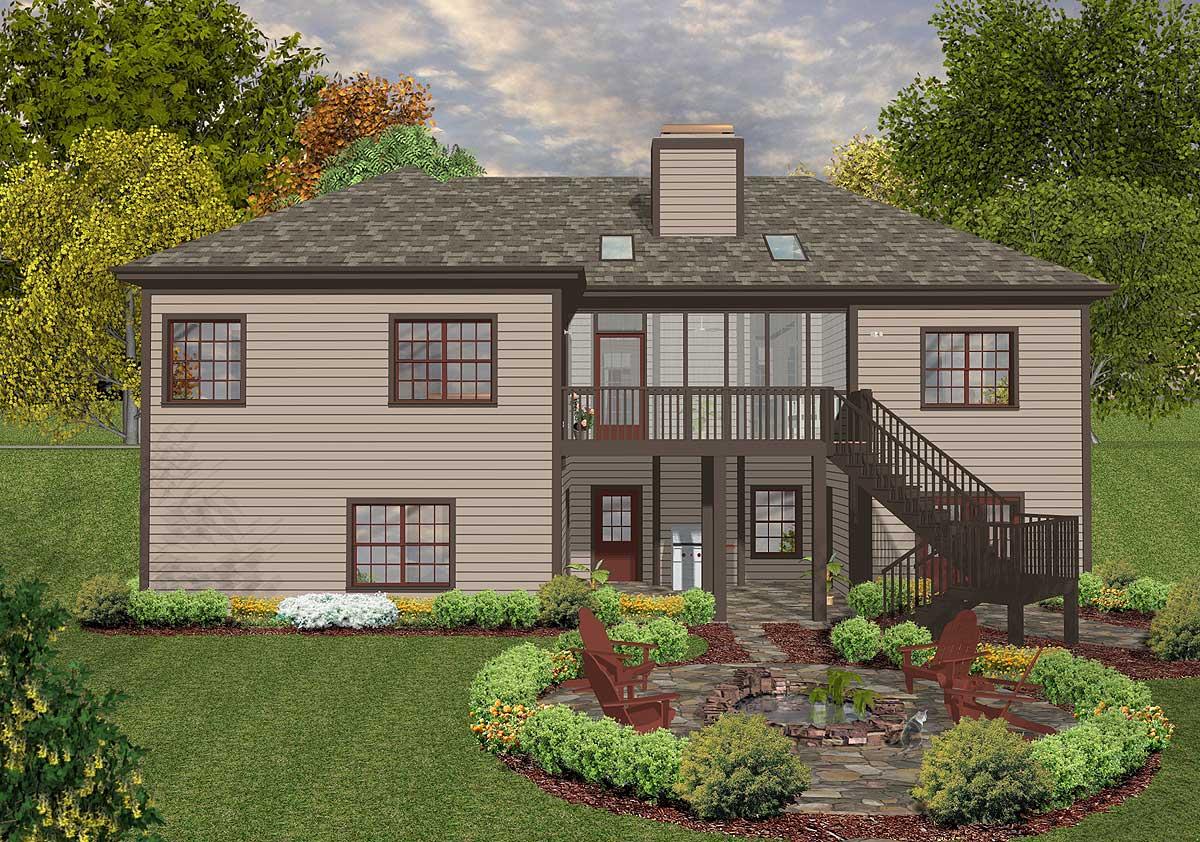 House plan exterior: Two-story home with siding, prominent deck with stairs, and central screened porch.