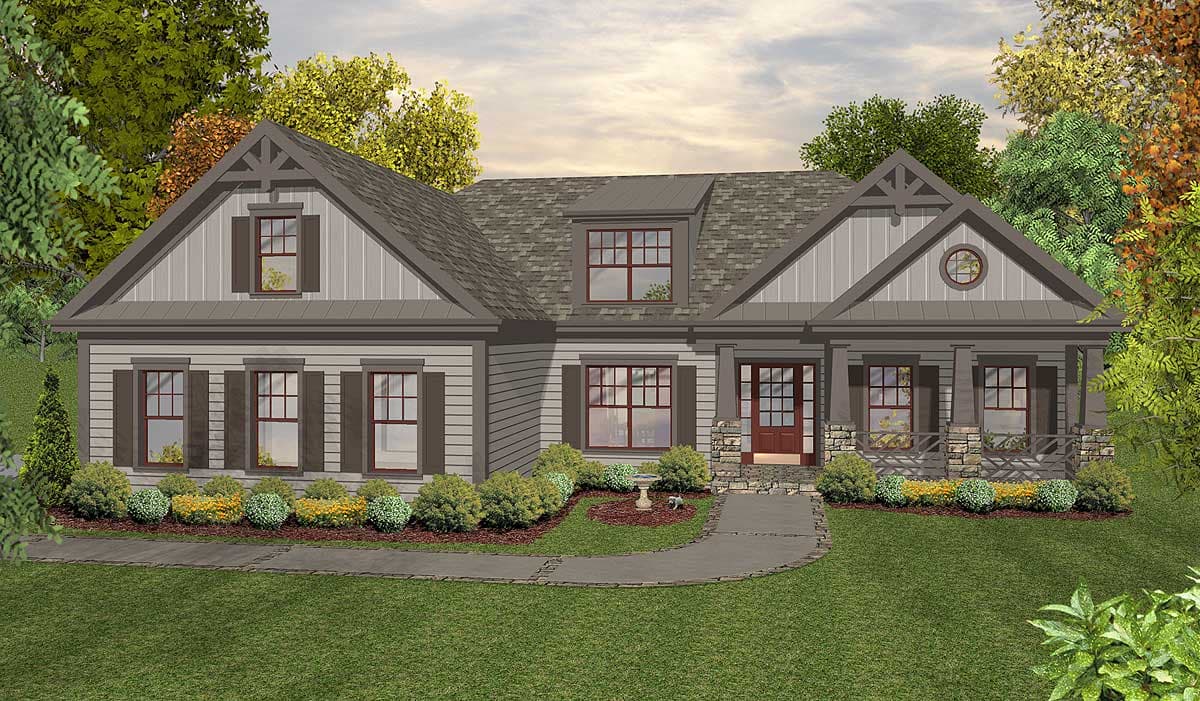 House plan exterior: Ranch style, one story with gables, dormer, covered front porch with stone accents, and board and batten siding.